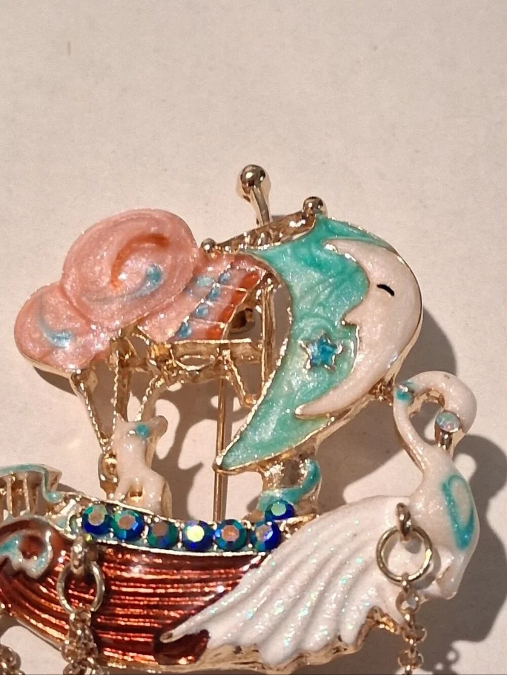 New Whimsical Enamel Swan & Moon Boat Brooch - Pastel Pink, Teal & White